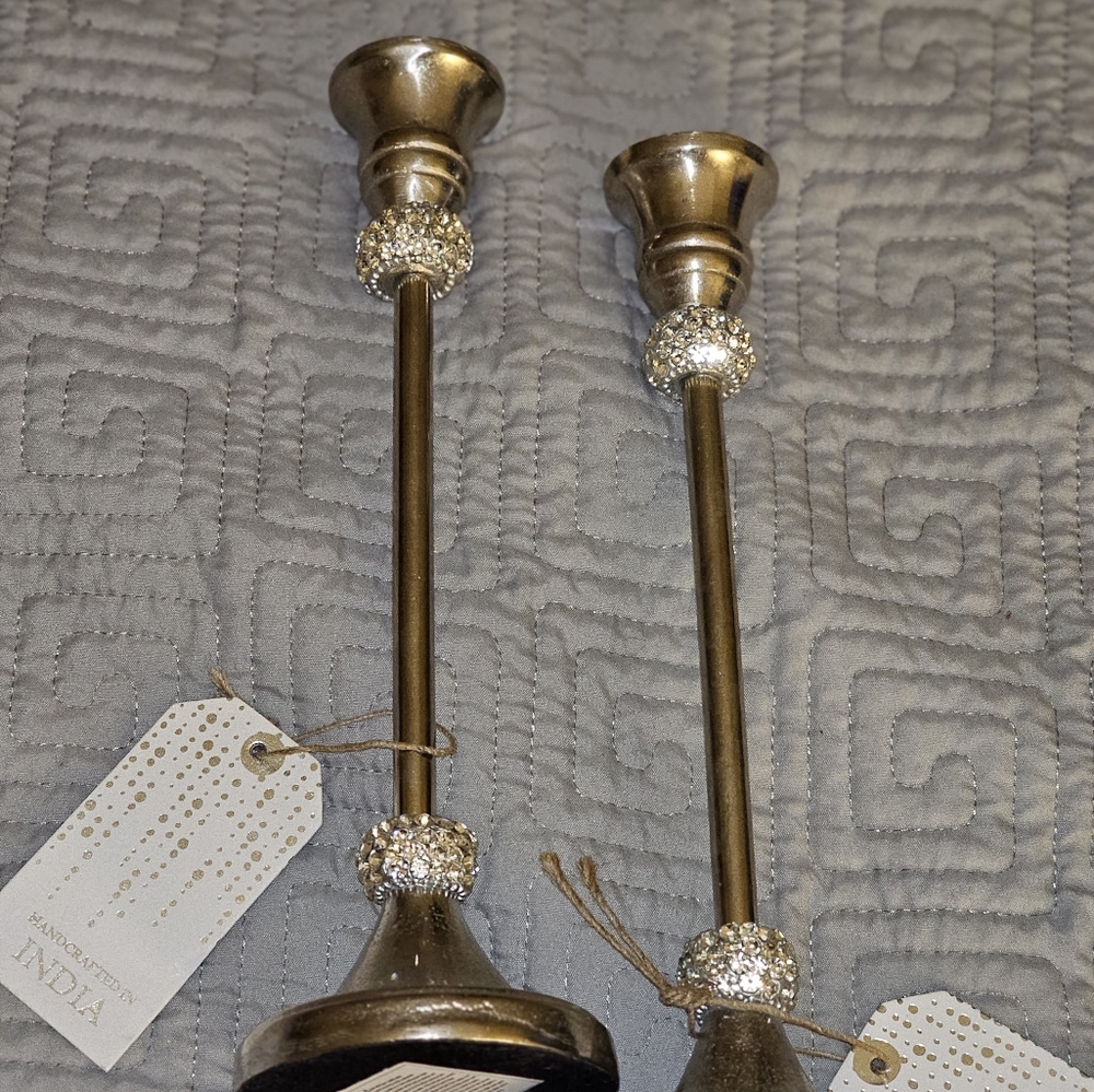 10" Silver Contemporary Rhinestone Candlesticks Holder